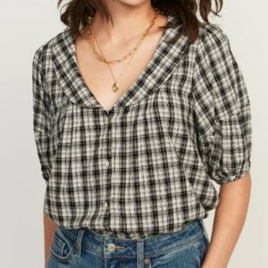 Plaid Peter Pan Collar and Puff Sleeve Blouse